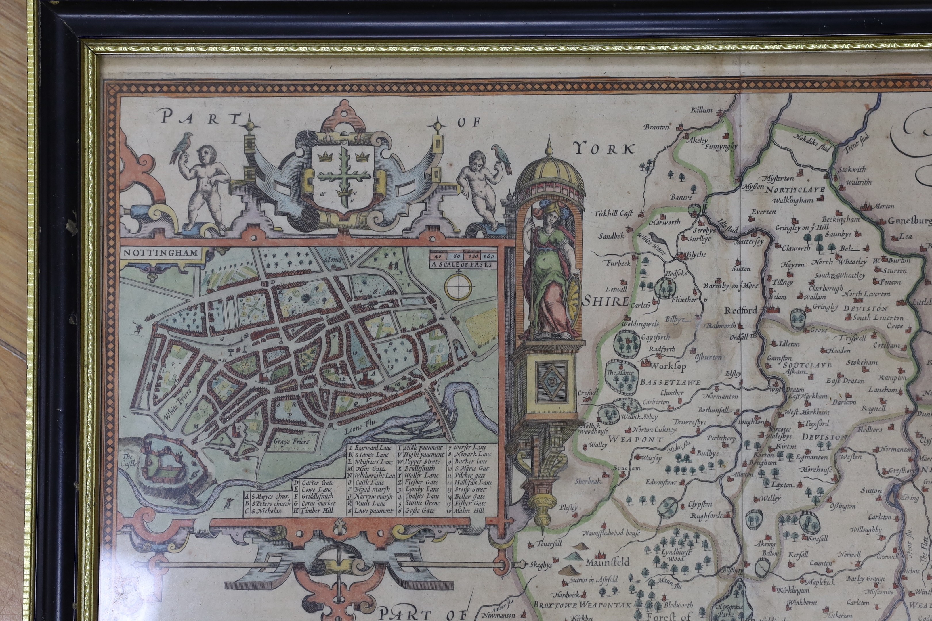 John Speede, coloured engraving, Map of Nottingham 1610, English text verso, 40 x 51cm